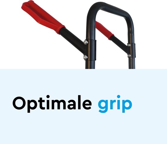 Close-up van de rode en zwarte handvatten van een steekwagen voor optimale grip.