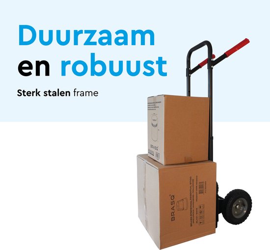 Zwarte steekwagen met twee dozen erop, gemaakt van sterk stalen frame.
