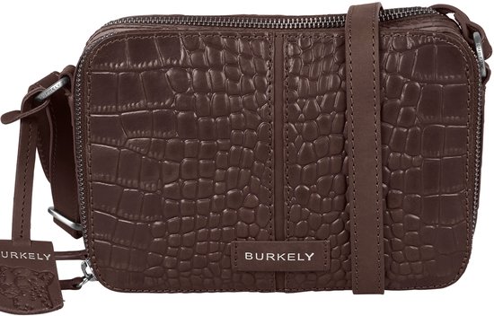 Bruine Burkely schoudertas met krokodillenprint, merknaam op voorkant en hangertje.