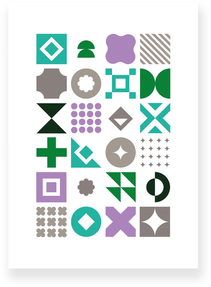 Poster 20x30 cm - Geometrische Vormen - Groen - Grijs - Paars - Abstract - Vintage - Muurdecoratie - Wanddecoratie