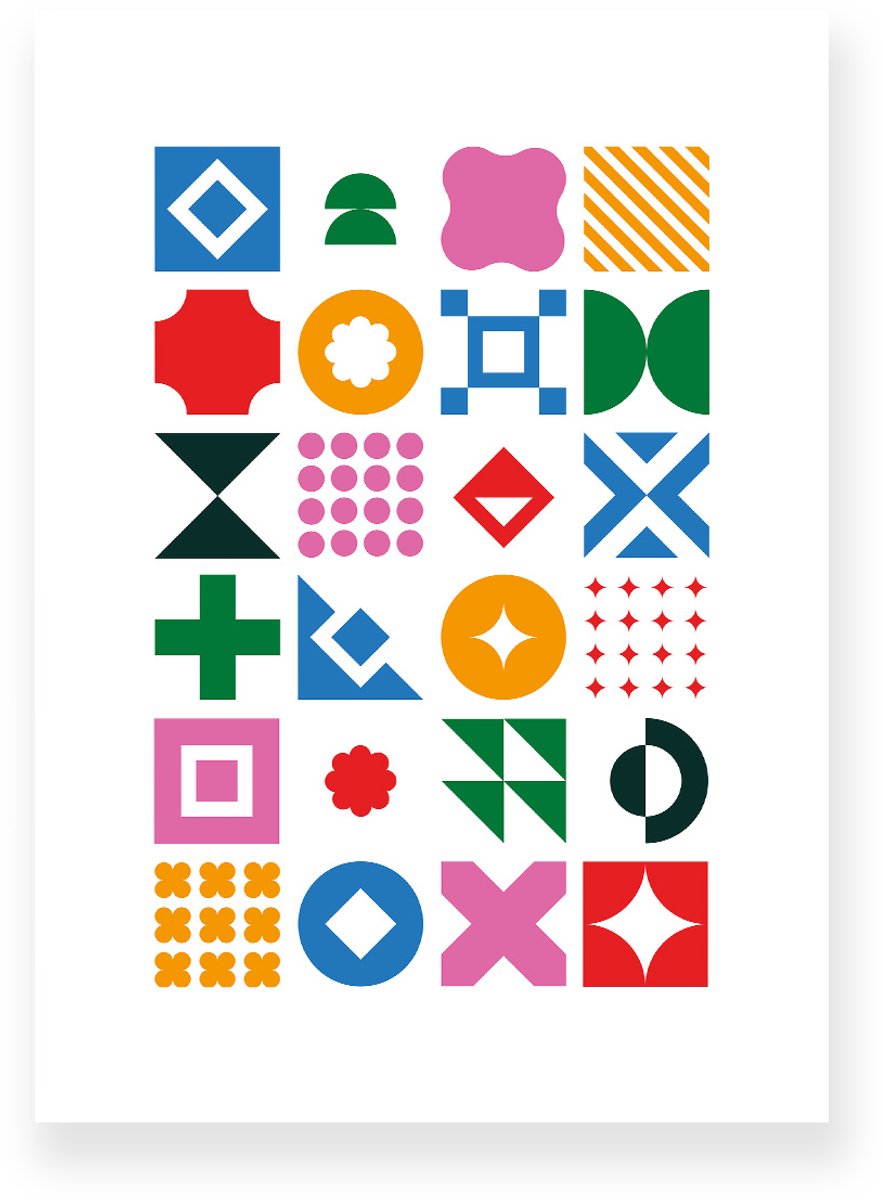 Poster 20x30 cm - Geometrische Vormen - Blauw - Oranje - Groen - Abstract - Vintage - Muurdecoratie - Wanddecoratie