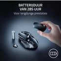 Een hand plaatst een batterij terug in een zwarte Razer gaming muis. Tekst over batterijduur in het Nederlands.