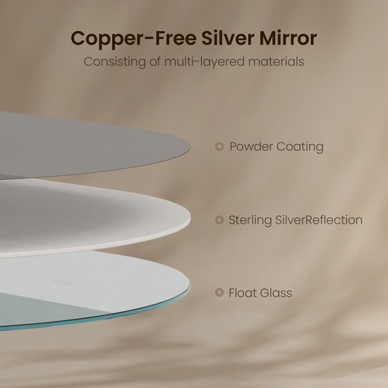 Matériaux en couches d'un miroir argenté sans cuivre : revêtement en poudre, réflexion argentée sterling, verre flotté.