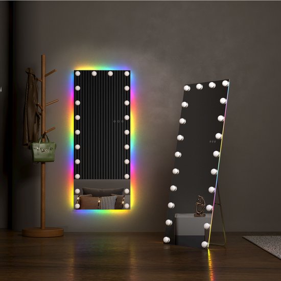 Hzuaneri Ganzkörperspiegel mit Beleuchtung, 160 x 50 cm, Gebogener Standspiegel, Wandspiegel, 3 Lichtfarben, Einstellbare Helligkeit, für Schlafzimmer und Wohnzimmer, Schwarz DM41801B