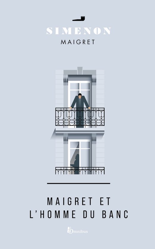 Couverture de livre montrant une silhouette d'homme sur un balcon, avec le titre "MAIGRET ET L'HOMME DU BANC".