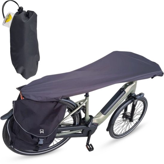 Grijze hoes bedekt een groene e-bike met zwarte fietstas. Opbergzakje linksboven.