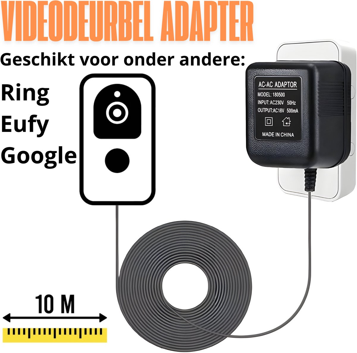 Videodeurbel Adapter Transformator - Geschikt voor Eufy, Ring, Google Nest - Videodeurbel Bedraad - 10 meter - Staza