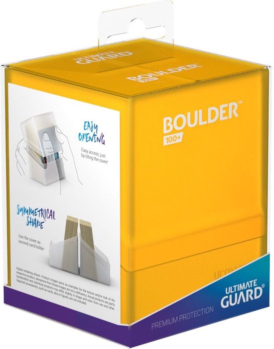 Gele verpakking van Ultimate Guard Boulder 100+ met productinformatie.