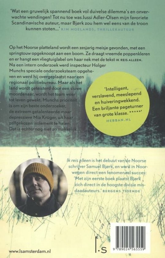 Boekomslag 'Ik reis alleen' van Samuel Bjørk. Een foto van een man met muts en een tekstblok.