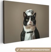 Canvas schilderij 60x40 cm - Exclusieve wanddecoratie Kat - Kokskleding - Zwart - Wit - Muurdecoratie woonkamer - Slaapkamer decoratie - Kamer accessoires - Schilderijen op canvas