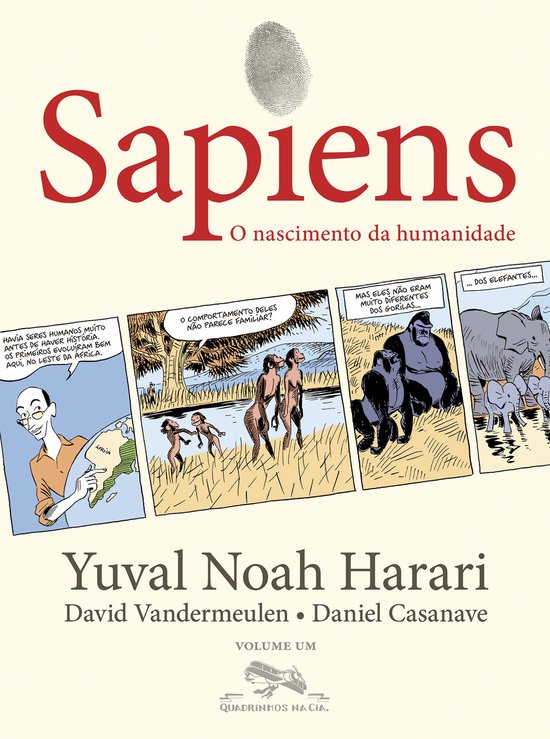 Boekcover "Sapiens: O nascimento da humanidade" met illustraties van prehistorische mensen, gorilla's en olifanten.