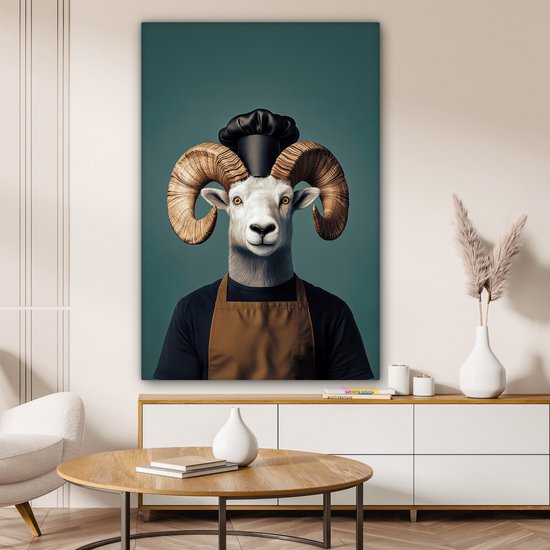Tableau sur toile 80x120 cm - Décoration murale Chèvre - Cornes - Vêtements de chef - Décoration murale murale salon - Décoration chambre - Accessoires chambre - Peintures sur toile