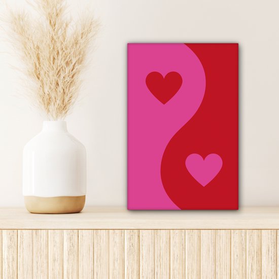 Tableau sur toile 20x30 cm - Décoration murale Minimaliste - Rouge - Rose - Hartjes - Décoration murale murale salon - Décoration chambre - Accessoires chambre - Peintures sur toile