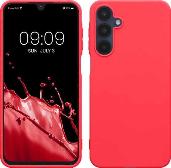 Une coque de téléphone rose néon, face avant avec un écran affichant des éclaboussures de liquide rouge, face arrière vide.