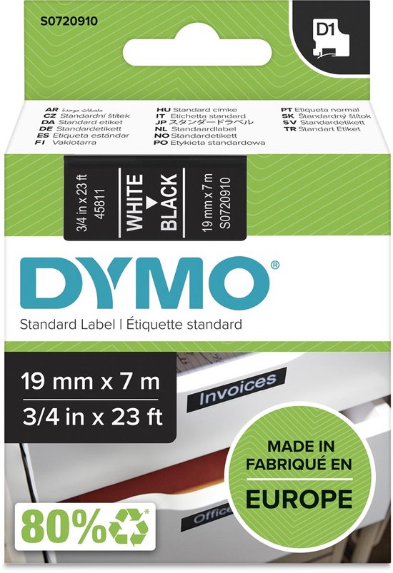 DYMO originele D1 labels | Witte Tekst op Zwart Label | 19 mm x 7 m | zelfklevende etiketten voor de LabelManager labelprinter