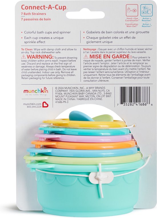 Jouets de bain Munchkin - Connect A Cup - Gobelets de bain amusants - Jouets de bain pour Garçons et Filles - Éducatifs pour Enfants - À partir de 9 mois - 7 gobelets de bain