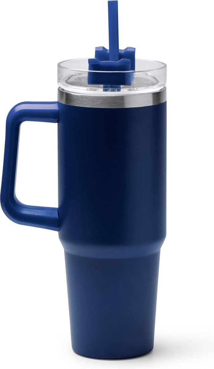 Kranston Thermos to go - Blauw - 870 ML - Thermosbeker met Handvat en Rietje - RVS beker - Travel cup - Mug to go - Thermosbeker - Drinkbeker to go - Thermosfles - dubbelwandige vacuüm geïsoleerde koffiebeker - Thee - Koffie