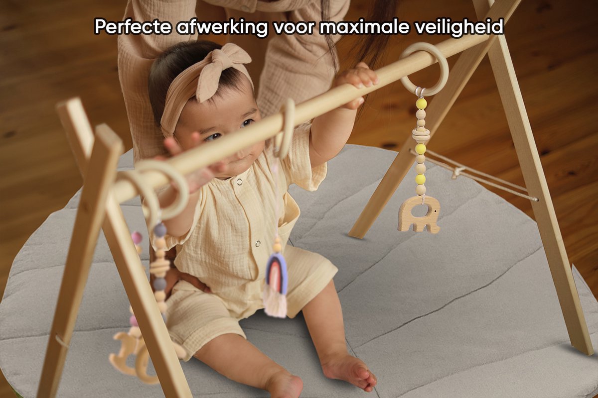 babygym hout incl. 5 speeltjes + dubbelzijdige speelmat – houten Speelboog Baby – Stevige constructie & inklapbaar — afbeelding 14
