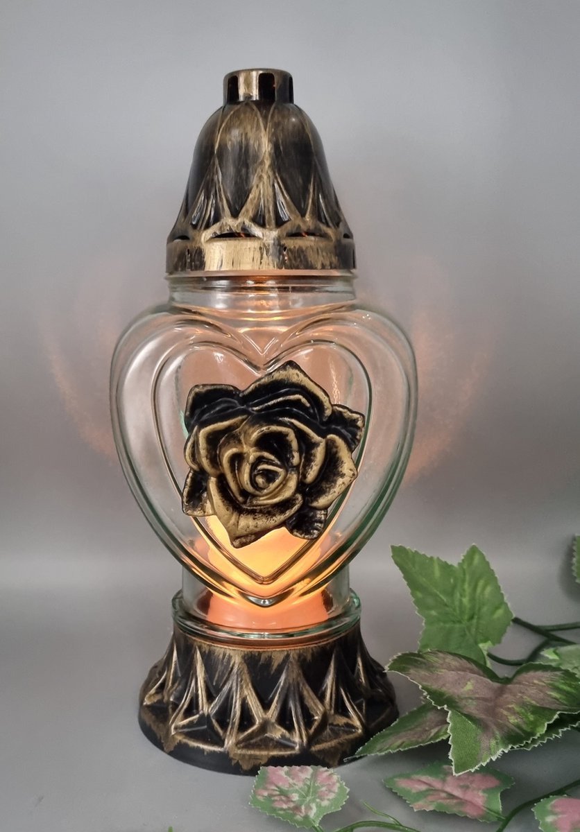 Herdenkingslichtjes Herdenkingslicht - P39 - Goud - Transparant glas - Roos (Rond)- Grafkaars – Graflicht – Graflantaarn – Grafdecoratie - Windlicht