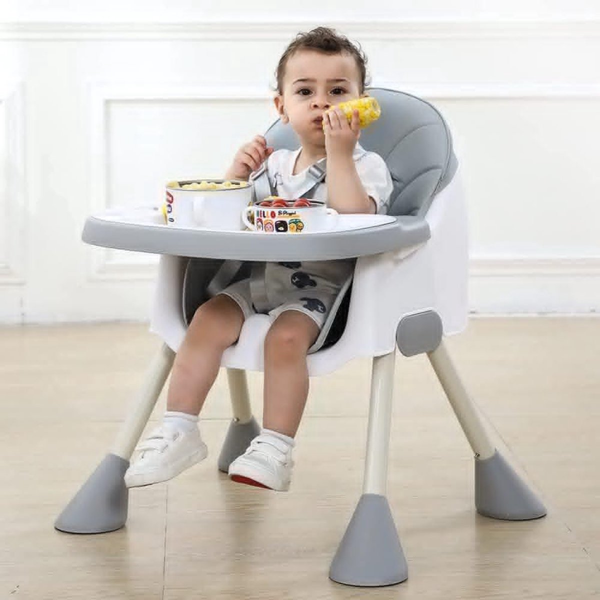 Baby Eetstoel - Hoge stoel - 6 tot 36 maanden - 2-in-1 met voetensteun - Afneembare Dubbele lade - Gemakkelijk schoon te maken - Grijs – foto 4