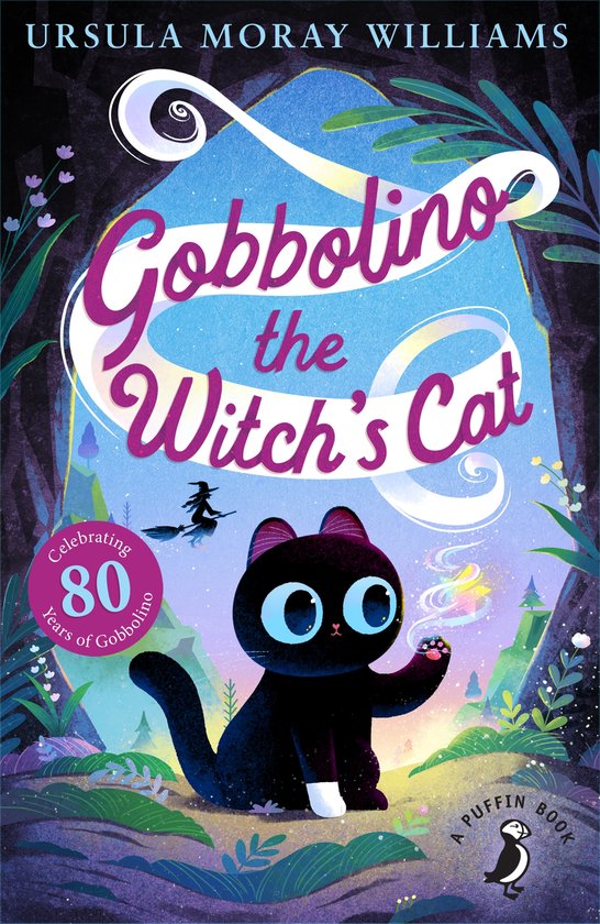 Boekcover: Zwarte kat genaamd Gobbolino met grote blauwe ogen, zittend in een bos. Een heks vliegt op een bezemsteel.