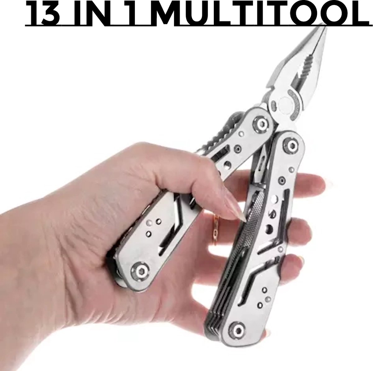 13-in-1 Outdoor Multitool - Bijl - Zaag - Hamer - Tang - Schroevendraaierset met 13 Bits - RVS