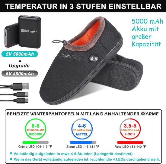Zwarte verwarmde winterpantoffels met een 5000 mAh batterij en oplaadkabels. Drie temperatuurniveaus: laag (6-8 uur), gemiddeld (4-6 uur), hoog (3.5-5 uur) met bijbehorende LED-kleuren en temperaturen.