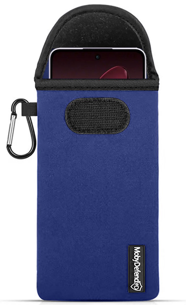 MobyDefend Hoesje - Geschikt voor Oppo Reno13 Pro - Neopreen Pouch Met Karabijnhaak - Insteek - Riemlus - Blauw
