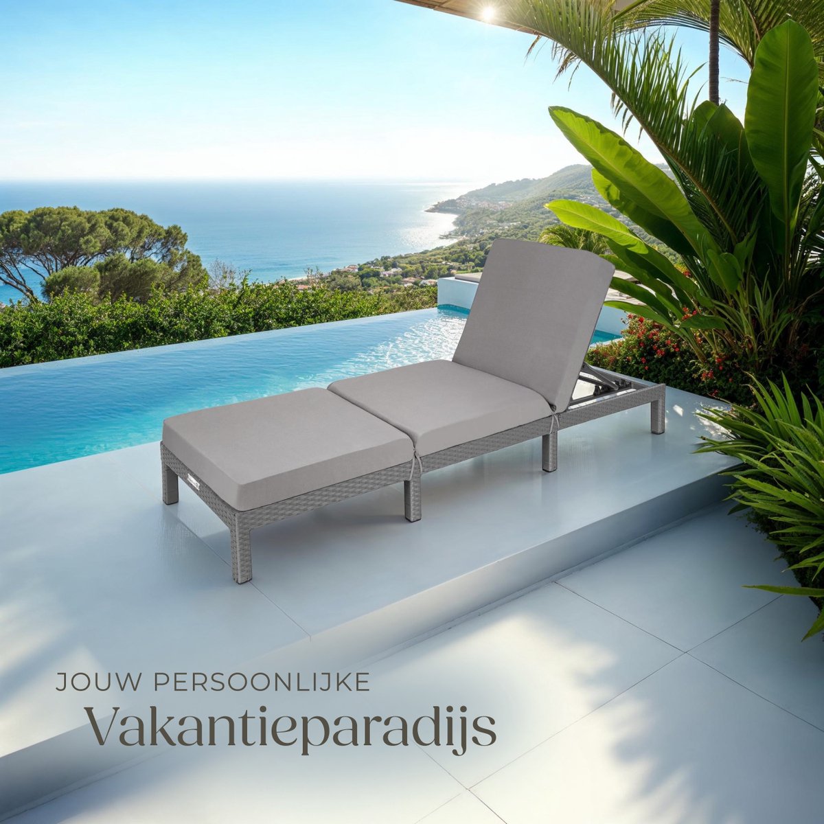 tectake® - Luxe wicker tuinligstoel met 5 verstelbare rugleuningposities, comfortabele vulling en stijlvol design, stabiel stalen frame, onderhoudsvriendelijk, voor tuin, terras, zwembad - grijs — afbeelding 9