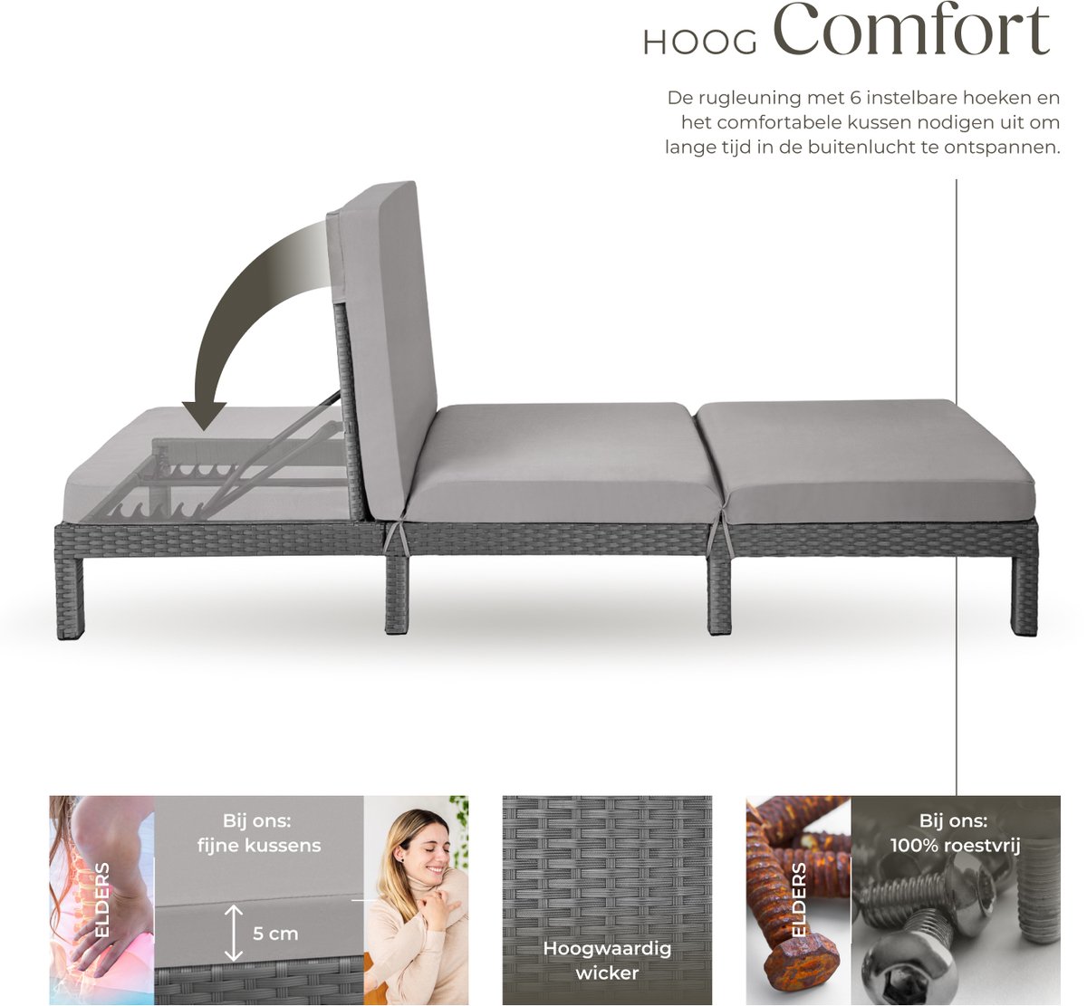tectake® - Luxe wicker tuinligstoel met 5 verstelbare rugleuningposities, comfortabele vulling en stijlvol design, stabiel stalen frame, onderhoudsvriendelijk, voor tuin, terras, zwembad - grijs — afbeelding 7