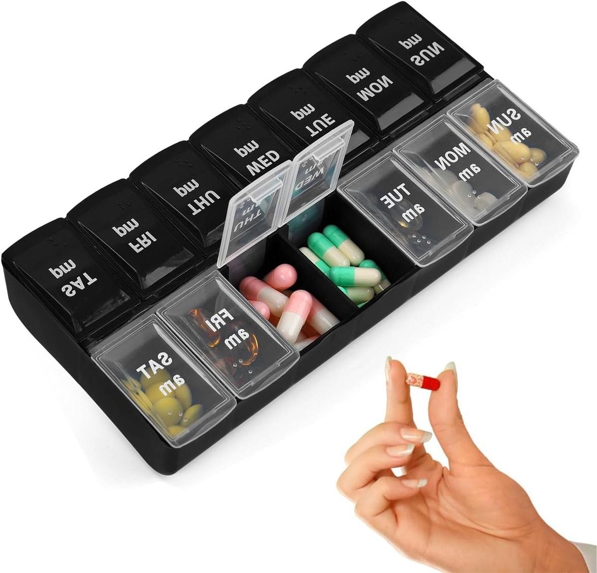 7-daagse tablettenbox met verbeterd open design - handige pillendoos voor 's ochtends en 's avonds - BPA-vrij - draagbaar voor medicijnen, vitaminen, visolie en voedingssupplementen