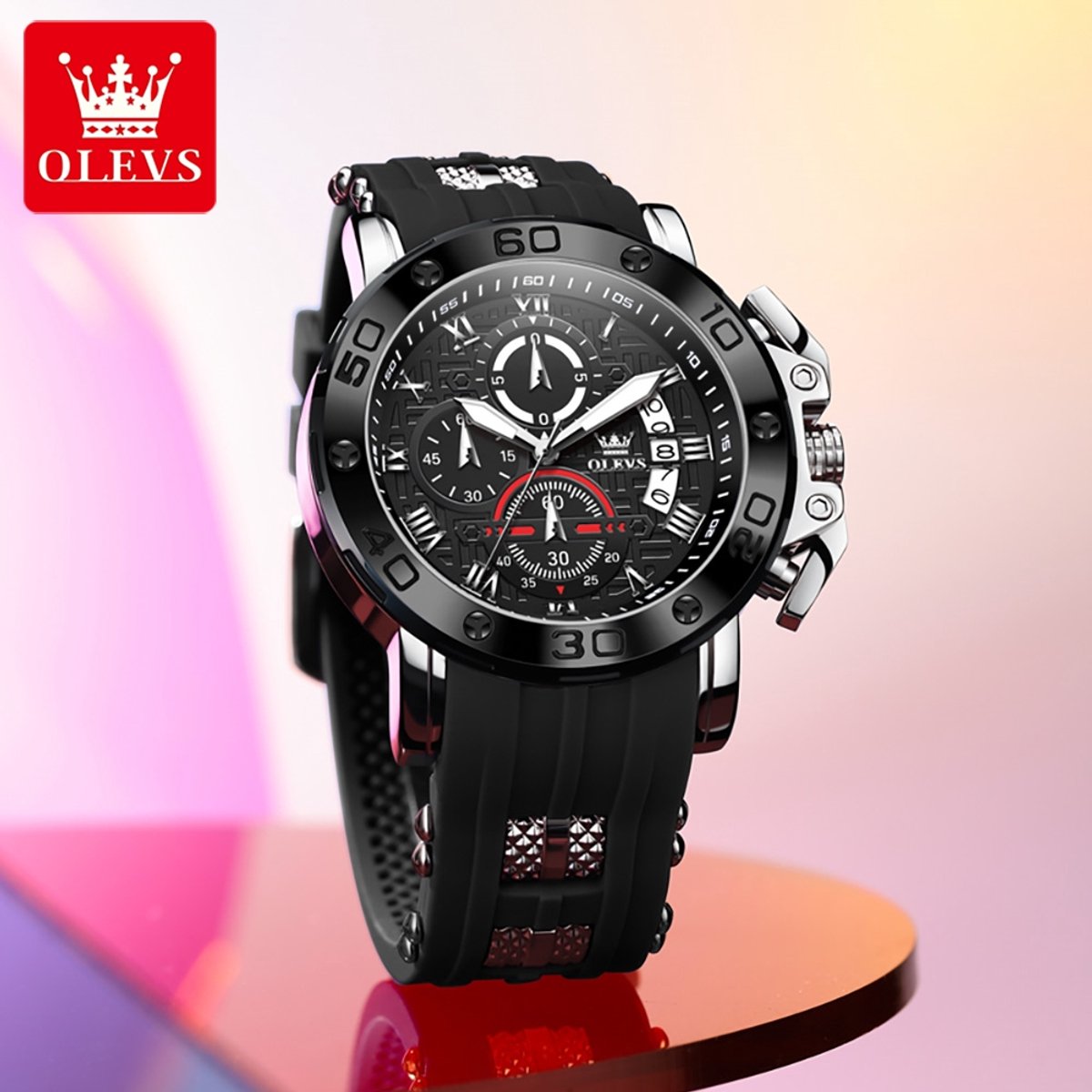HO-9986.zw-z : OLEVS BRUUT edelstalen quartz horloge, zilverkl kast, zwart siliconenband wijzerplaat, kalenderdag, seconden, minuten, 10de seconden - aanduiding