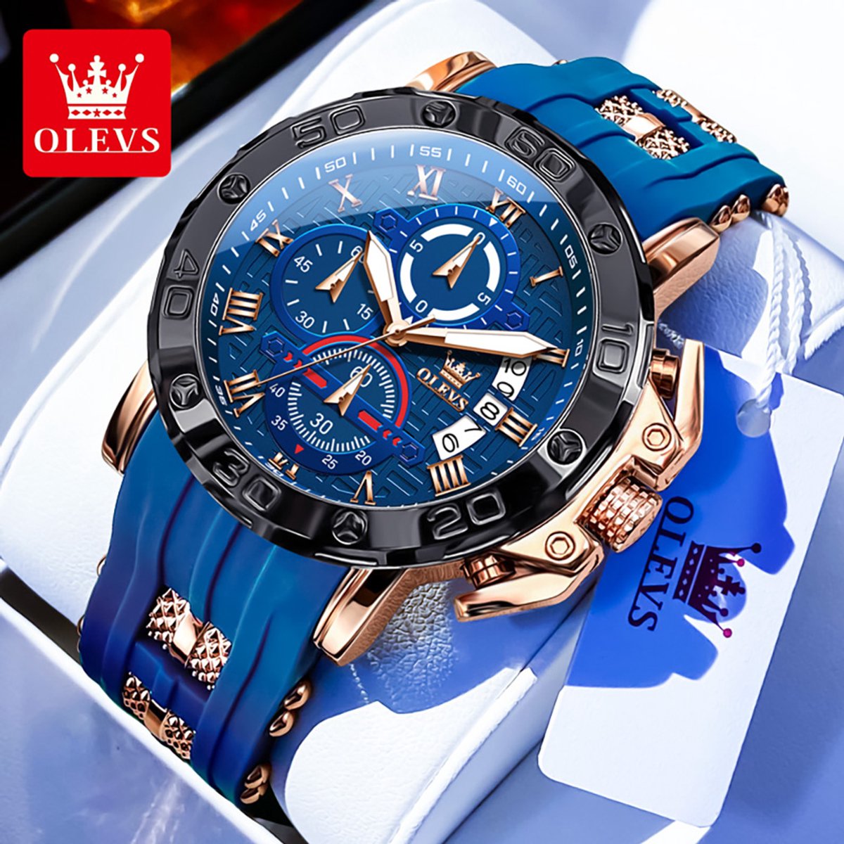 HO-9986.bl-g : OLEVS BRUUT edelstalen quartz horloge, goudkl kast, blauw siliconenband wijzerplaat, kalenderdag, seconden, minuten, 10de seconden -aanduiding
