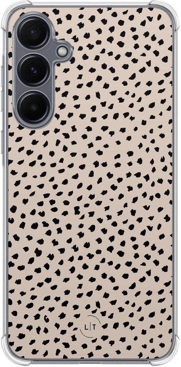 Shockproof hoesje - Geschikt voor Samsung Galaxy A15 - Almond dots - Extra sterke case - TPU/polycarbonaat - Gestipt - Beige, Transparant