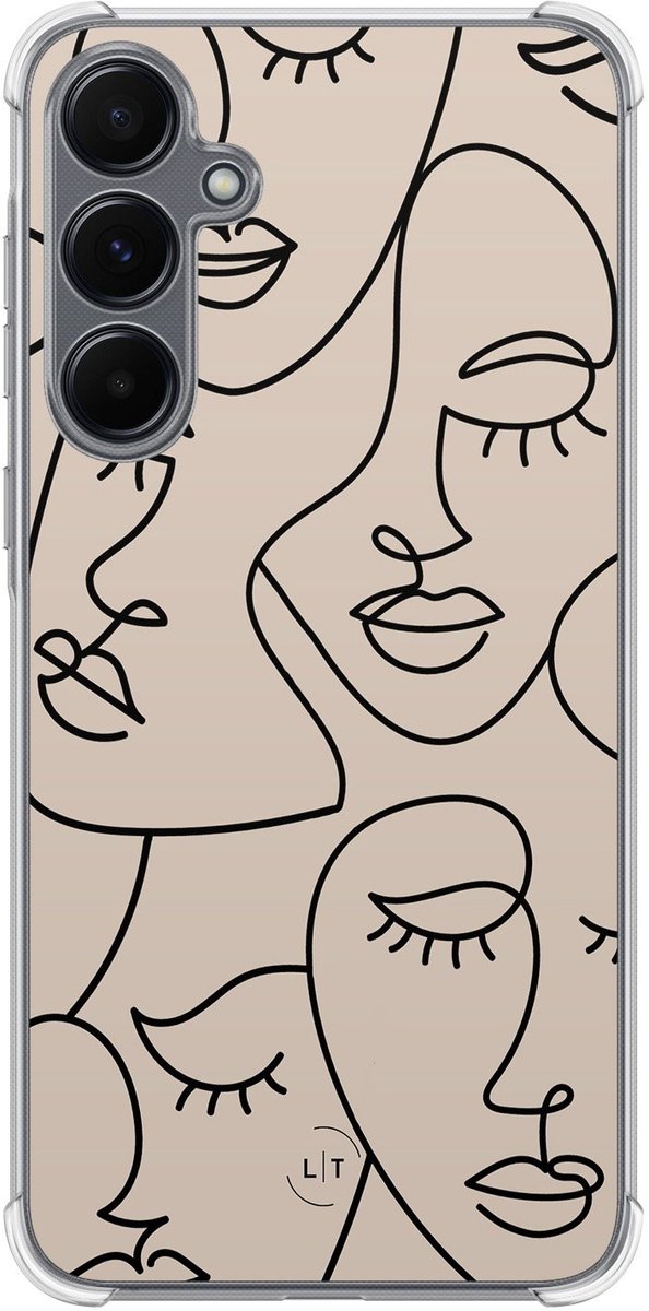 Shockproof hoesje - Geschikt voor Samsung Galaxy A15 - Abstract faces - Extra sterke case - TPU/polycarbonaat - Print / Illustratie - Beige, Transparant