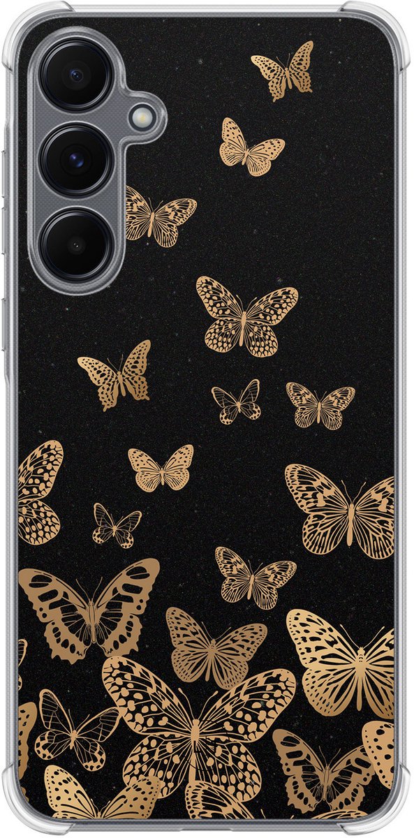 Shockproof hoesje - Geschikt voor Samsung Galaxy A15 - Vlinders - Extra sterke case - TPU/polycarbonaat - Print / Illustratie - Zwart, Goud, Transparant