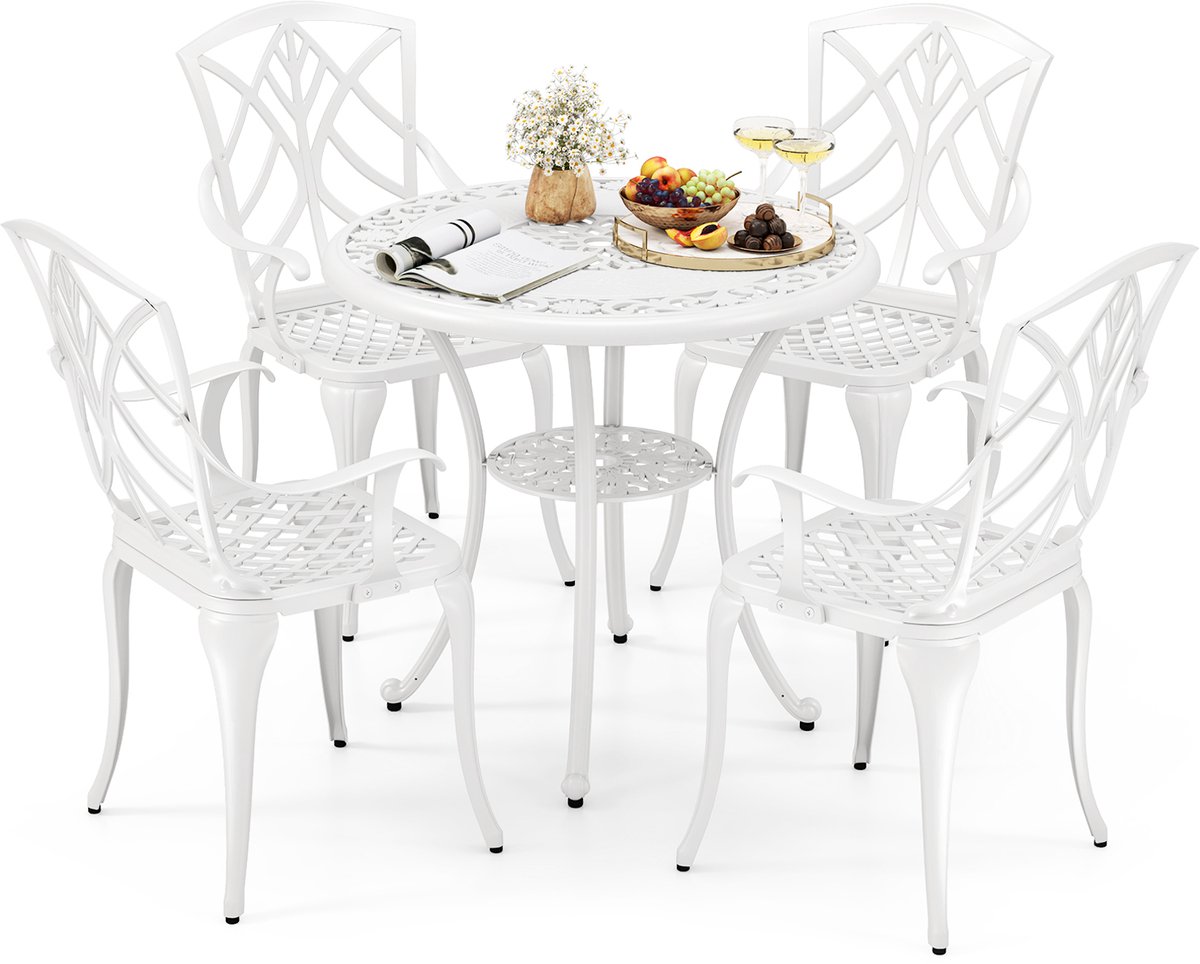 COSTWAY 5-delige tuinmeubelset van gegoten aluminium, weerbestendige terrasmeubels incl. 4 stoelen, 1 tafel met paraplugat, tuinmeubelen voor 4 personen, zitgroep voor tuin, terras, wit