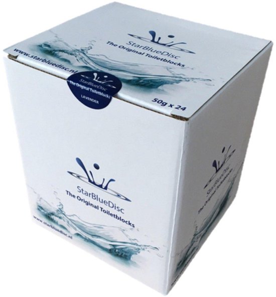 Witte kartonnen verpakking van StarBlueDisc 'The Original Toiletblocks', met een blauwe logo en water splash afbeelding. 50g x 24.