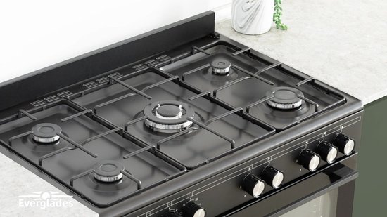 Everglades EVCK9010 - Gasfornuis - Mat Zwart - 90CM - 96 Liter - 8 Ovenstanden - Turbo Hete Lucht Oven - Timer - Wokbrander - 5 Jaar Garantie