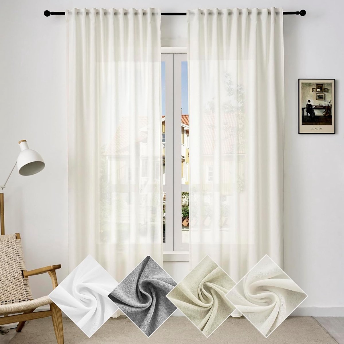 Gordijnen met plooiband, linnenlook, half-transparant, voile, linnen gordijn, modern voor woonkamer, slaapkamer, 135 x 175 cm, crème (1 stuks)