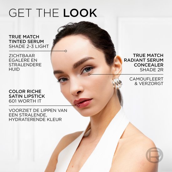 Een vrouw met donker haar met make-up van L'Oréal Paris, met pijlen die de producten aanduiden.