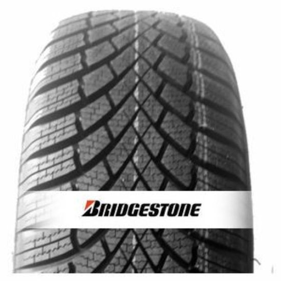 Bridgestone winterband met een asymmetrisch profiel en een Bridgestone logo op een witte band.