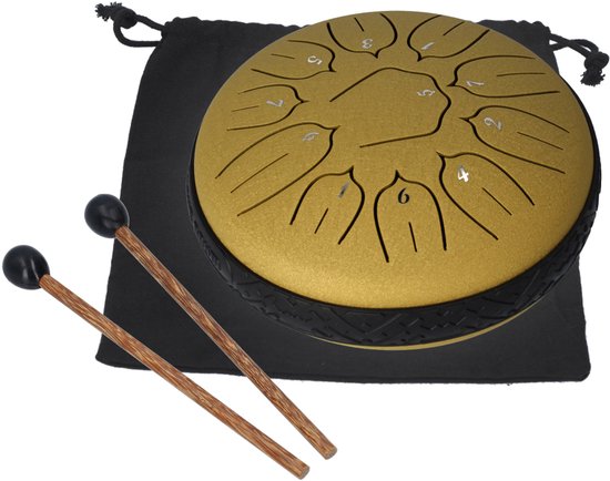 Handpan klankschaal - Medium tongue drum - Regen drum - Hemels muziek instrument, met 2 drumsticks! - 15 CM / 6 inch diameter - Goud