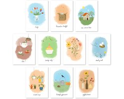 Studio-Mouche - kaarten - wenskaarten - ansichtkaarten - kaartjes - hand getekend - set 10 stuks - verjaardag - gefeliciteerd - bedankt - nieuw huis - liefs - bloemen - thee - brievenbusknuffel - ik denk aan je - handgeschilderd - 10 verschillende