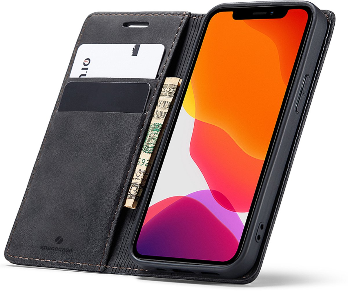 Spacecase Case Portefeuille Cover Voor Iphone 12 Mini Zwart Leer