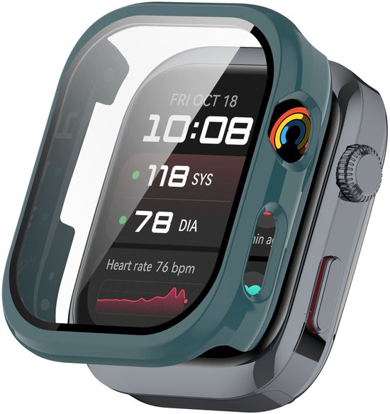 Groen horlogebeschermhoesje met screenprotector, gemonteerd op een smartwatch met een zwart scherm.