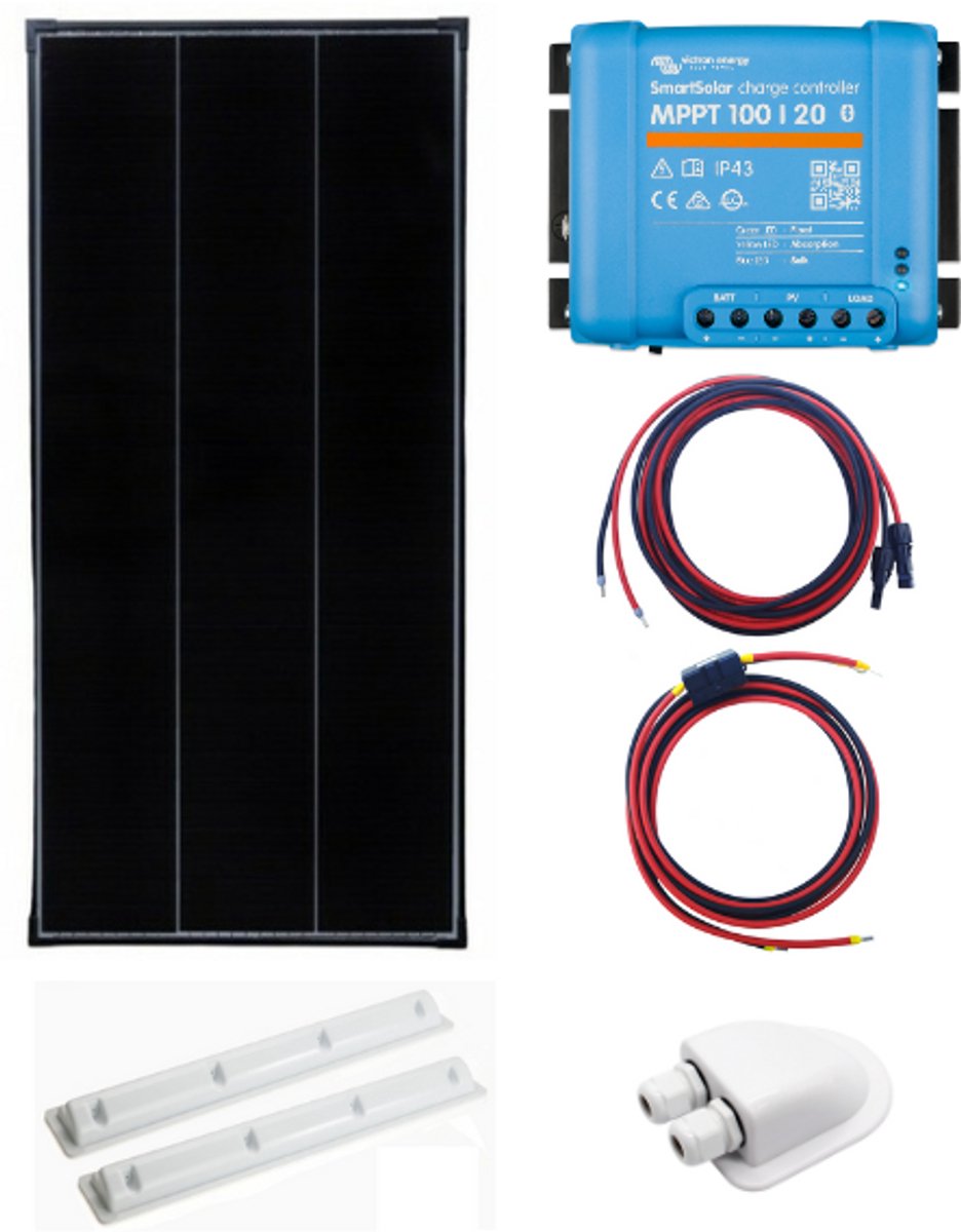 Bluetooth Set Zonnepaneel 115Wp Caravan, Camper, Boot, Tent - MPPT Victron Energy laadregelaar 100/20 - Zonnepaneel Compleet Pakket - Kabel met connectoren - Plug-Play set schematische tekening en handleiding-Monokristallijn