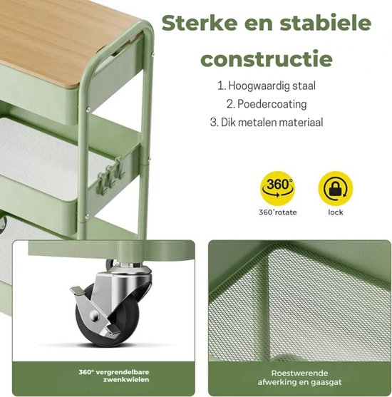 Multifunctionele Trolley 3 Laags - Opbergtrolley - Karretje Op Wielen Serveerwagen Metaal Wit