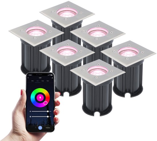 V-TAC 6x Smart LED Grondspot - Vierkant - RVS - RGBWW - 5 Watt - IP65 straal waterdicht - 2 jaar garantie