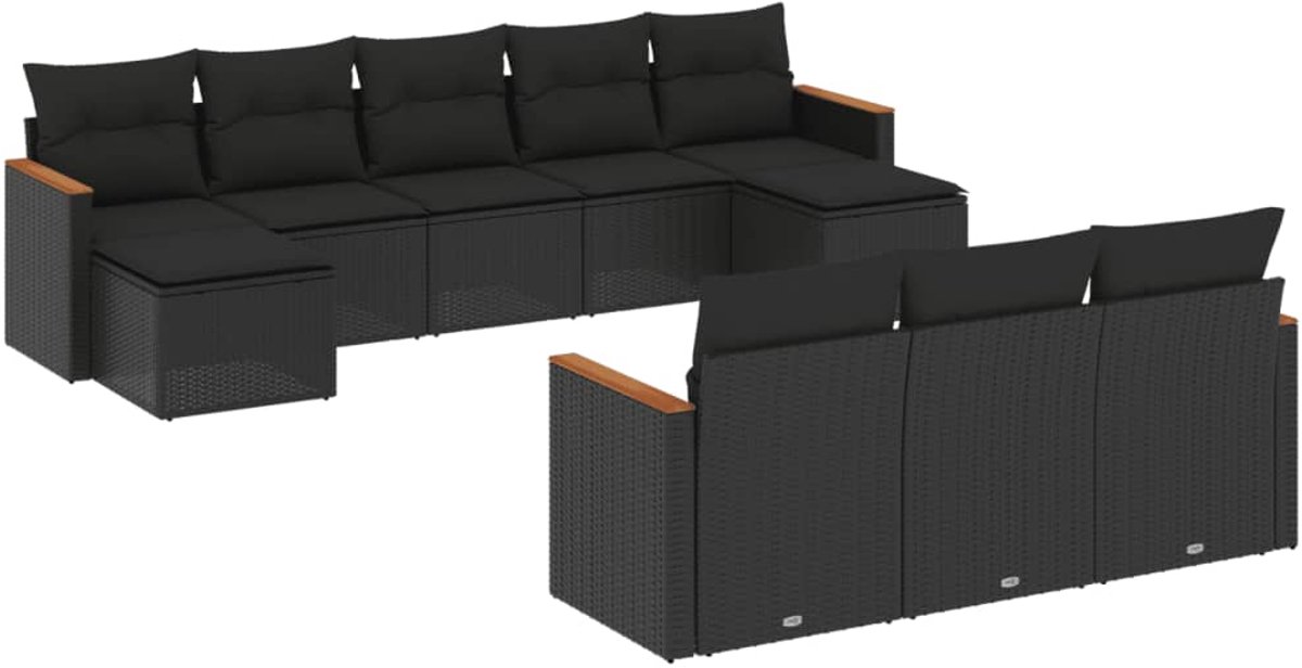 The Living Store 10-delige Loungeset met kussens poly rattan zwart - Loungeset - Tuinset - Lounge - Outdoor Furniture - Garden Furniture